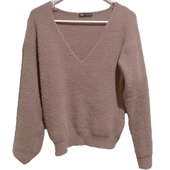 Zara S V-Neck taupe Soft Fuzzy Oversized pullover knit Sweater Minimalist - Picture 2 of 9